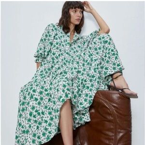 Zara Oyster Floral Print Maxi Prairie Boho Dress Green & White Size Small